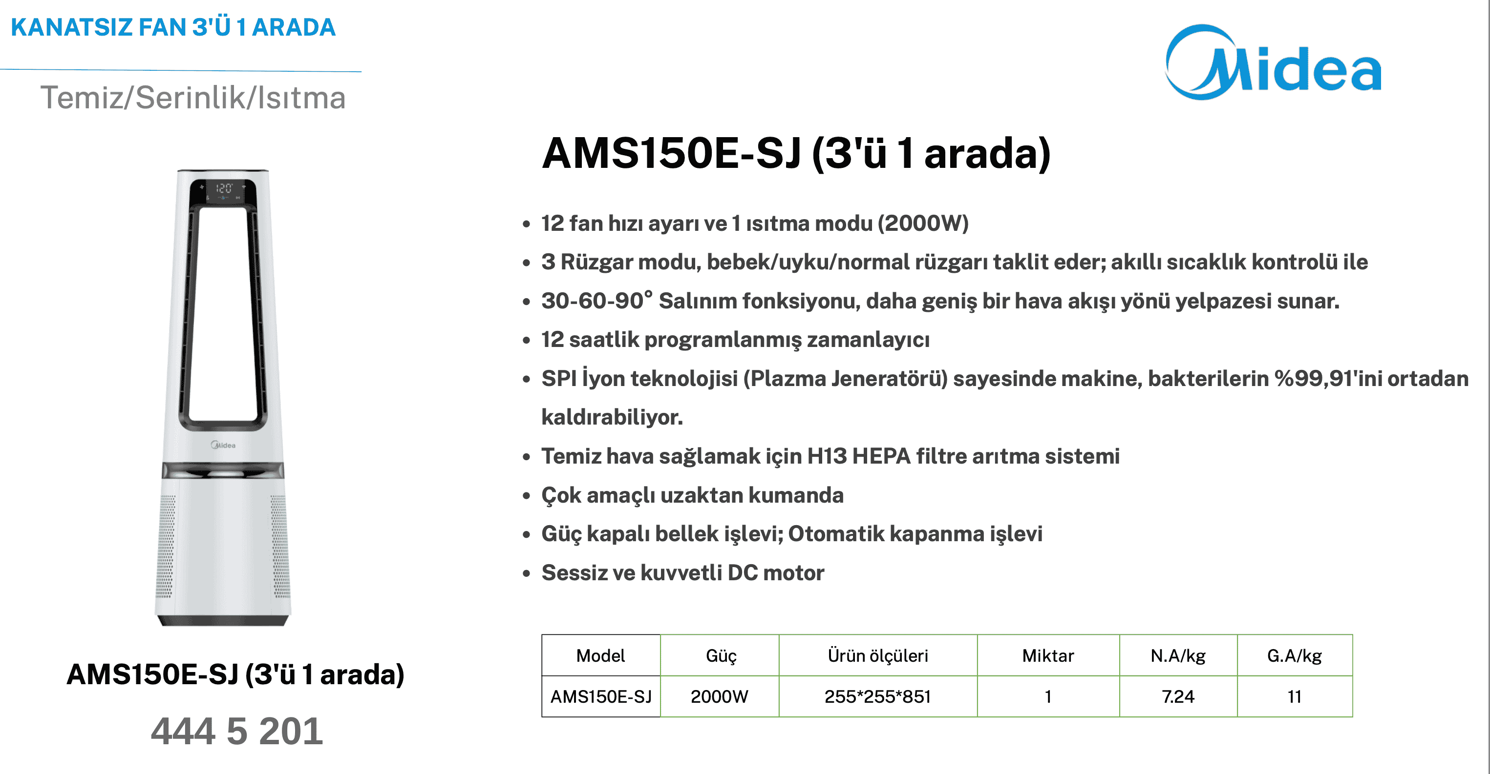 Midea Hava Temizleme Cihazı 3 in 1 Teknik Özellikleri