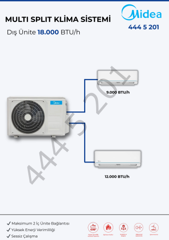 Midea 2 Odalı Multi Klima Sistemi 9.000 Btu + 12.000 Btu (18.000 BTU Dış Ünite)